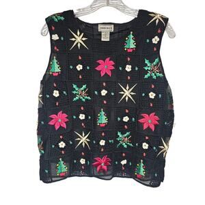 Jenni Max NYC Vintage Christmas Vest Silk Blend Crochet and Embroidery Size L